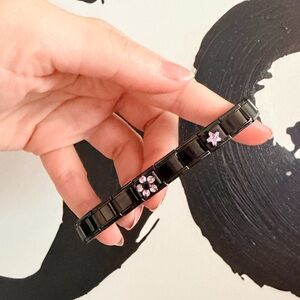 Midnight Black Italian Charm Bracelet with Pink Crystal Star & Flower – 20 Links